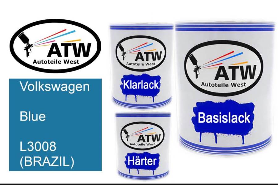 Volkswagen, Blue, L3008 (BRAZIL): 1L Lackdose + 1L Klarlack + 500ml Härter - Set, von ATW Autoteile West.